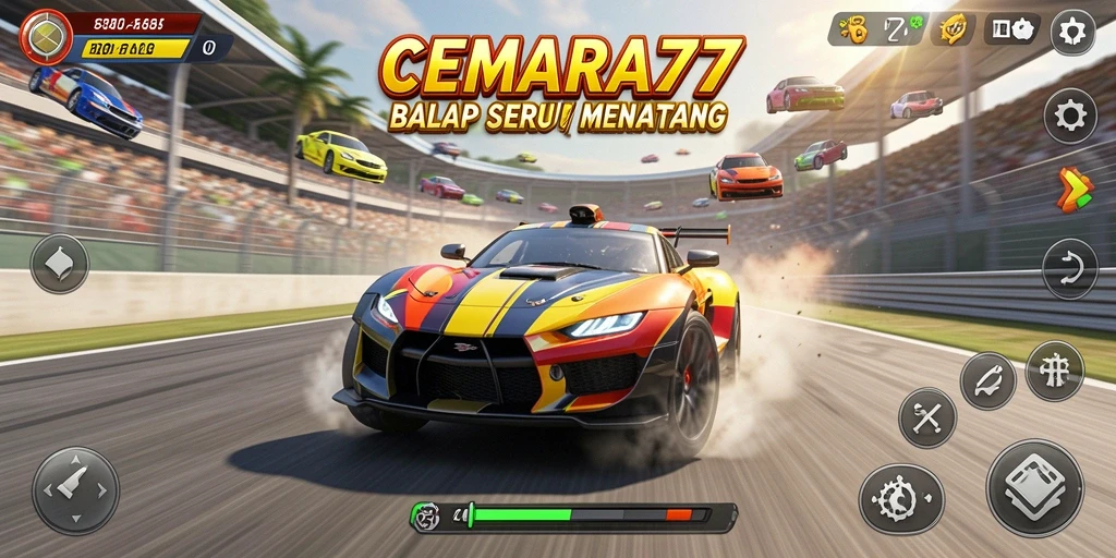 Screenshot CEMARA77 menampilkan aksi balap yang cepat dan mendebarkan.