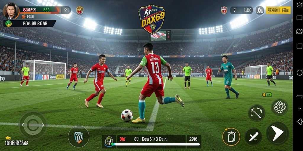 Tampilan gameplay DAX69 dengan aksi sepak bola yang mendebarkan.