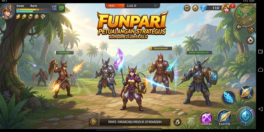 Tangkapan layar gameplay FUNPARI dengan pertempuran strategis yang intens.