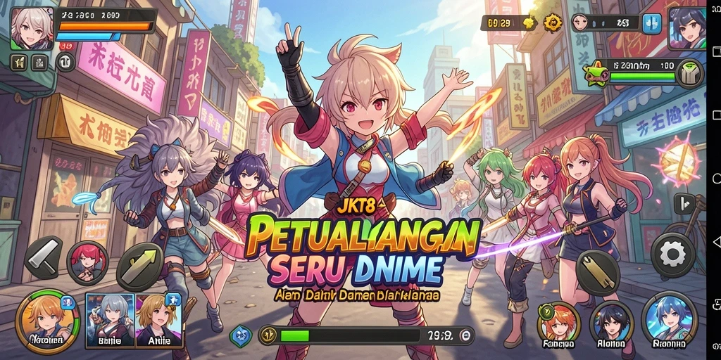 Screenshot utama JKT8 menampilkan aksi pertarungan seru dalam dunia anime.