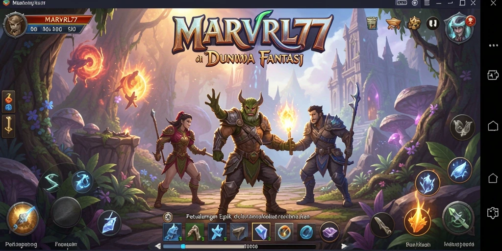 Screenshot gameplay utama MARVRL77 menampilkan aksi pertempuran intens di dunia fantasi.