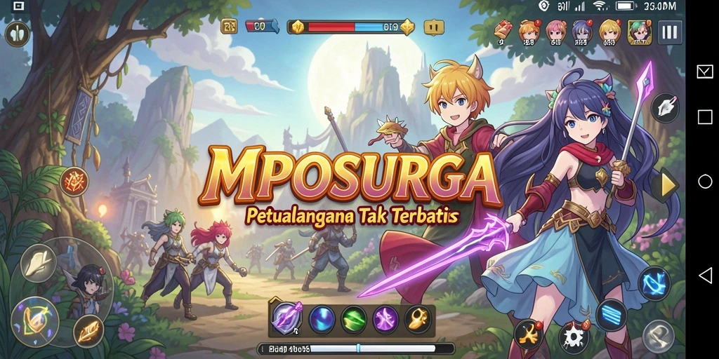 Tampilan gameplay MPOSURGA yang berwarna-warni dan animasi karakter menarik.