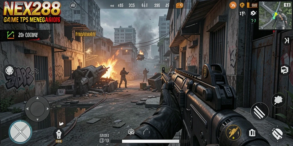 Screenshot gameplay NEX288 dengan aksi tembak-menembak yang intens.
