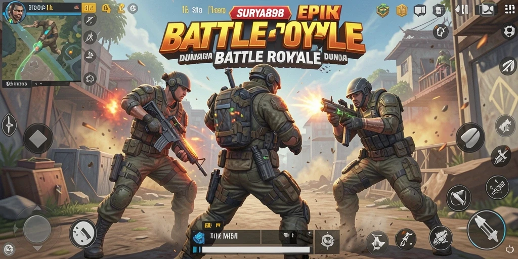 Gameplay dinamis dalam SURYA898 menampilkan pertempuran Battle Royale yang seru.